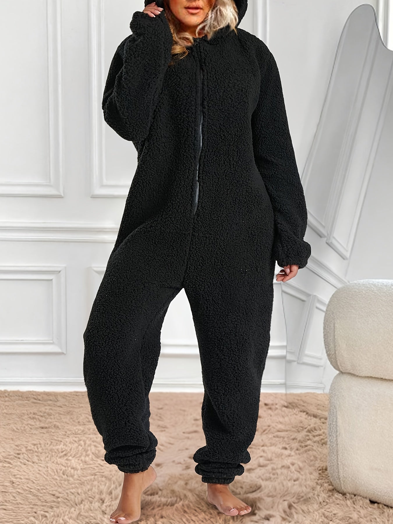 Plus Size Women's Hooded Jumpsuit Soft Polyester Casual Long Sleeve Pockets