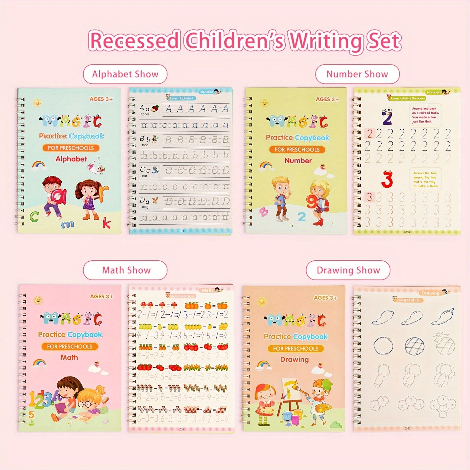 Children's Practice Copybooks Set with Reusable 3D Groove Writing Pad for Kids Ages 3-6