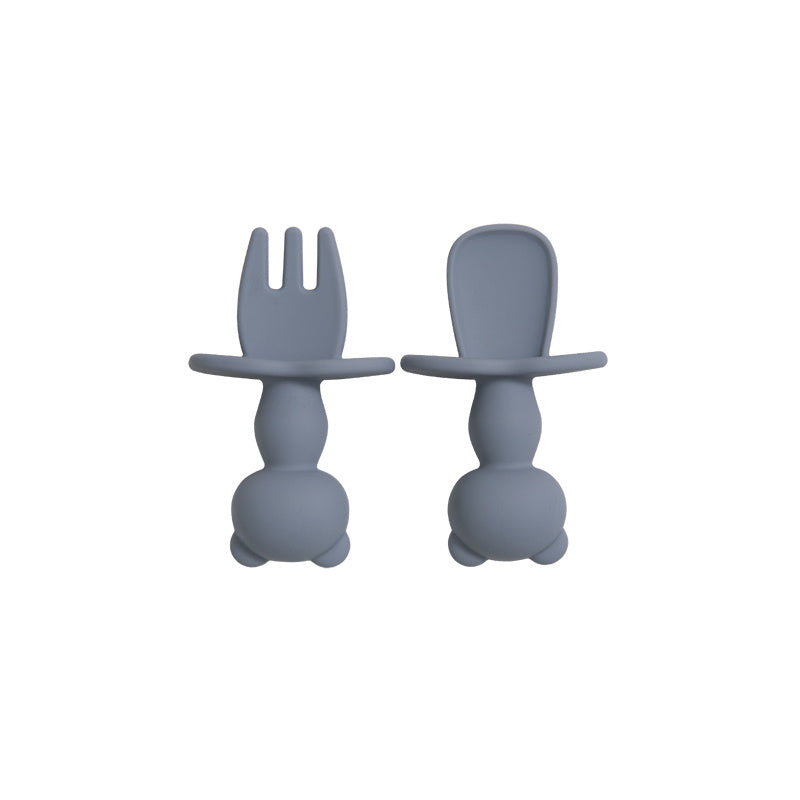 Juego de alimentación para bebé de 2 piezas, tenedor y cuchara de silicona Panda, suave, libre de BPA, vajilla para niños pequeños