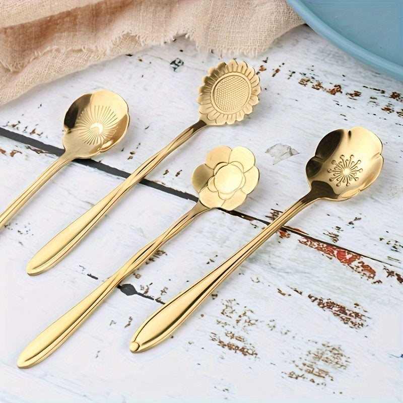 Golden Stainless Steel Coffee and Dessert Spoon Set with Floral and Geometric Designs for Tea and Cake