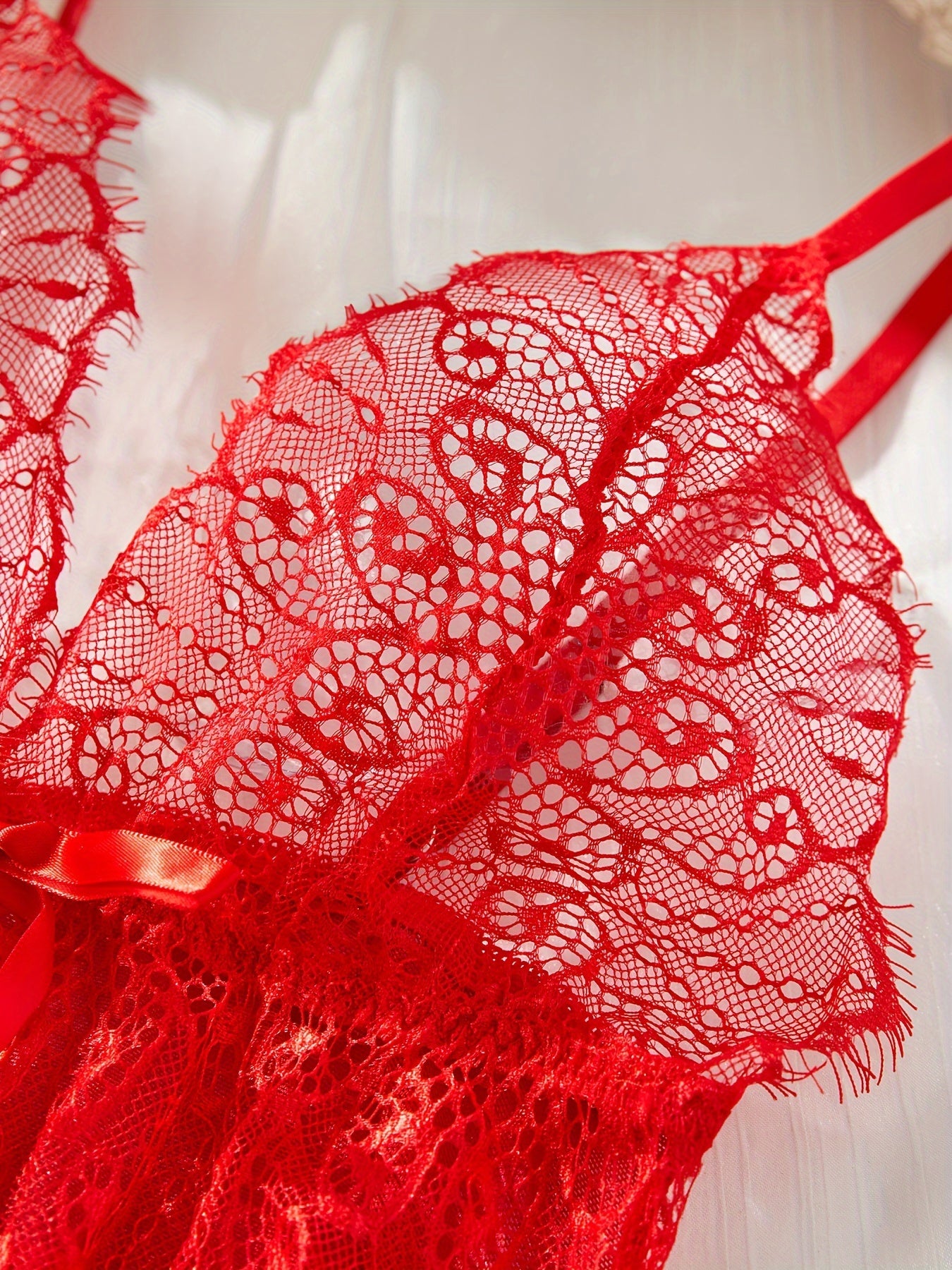 Red Lace Lingerie Set with Bow Details, Includes Dress and Thong for Women