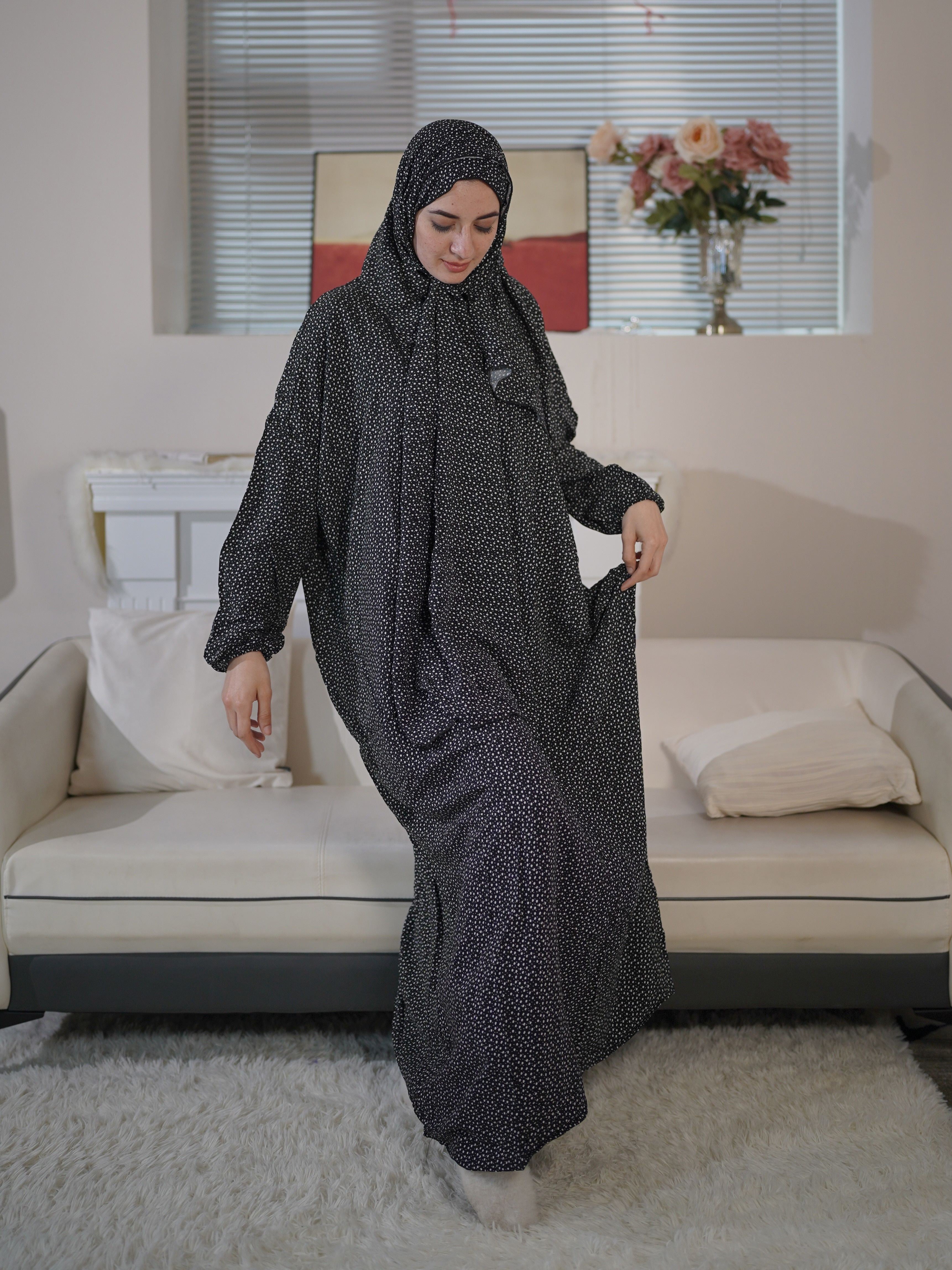 Plus Size Floral Print Modest Dress with Hijab Rayon Machine Washable