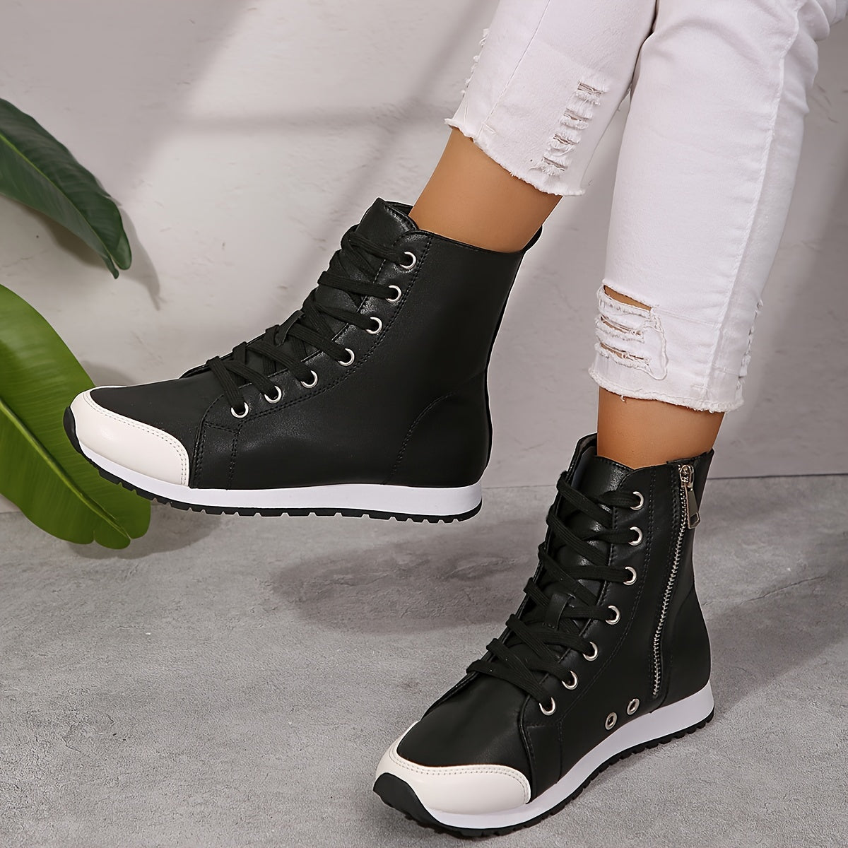 Women's Black White High Top Zipper Short Boots Sneakers