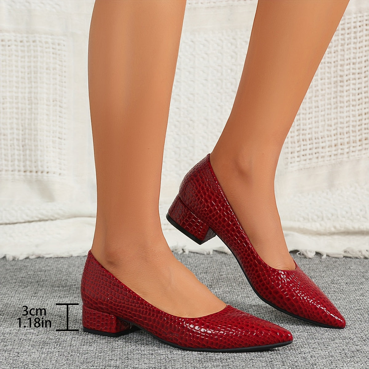 Women's Red Snakeskin Pattern Pumps with Pointed Toe and Low Block Heel