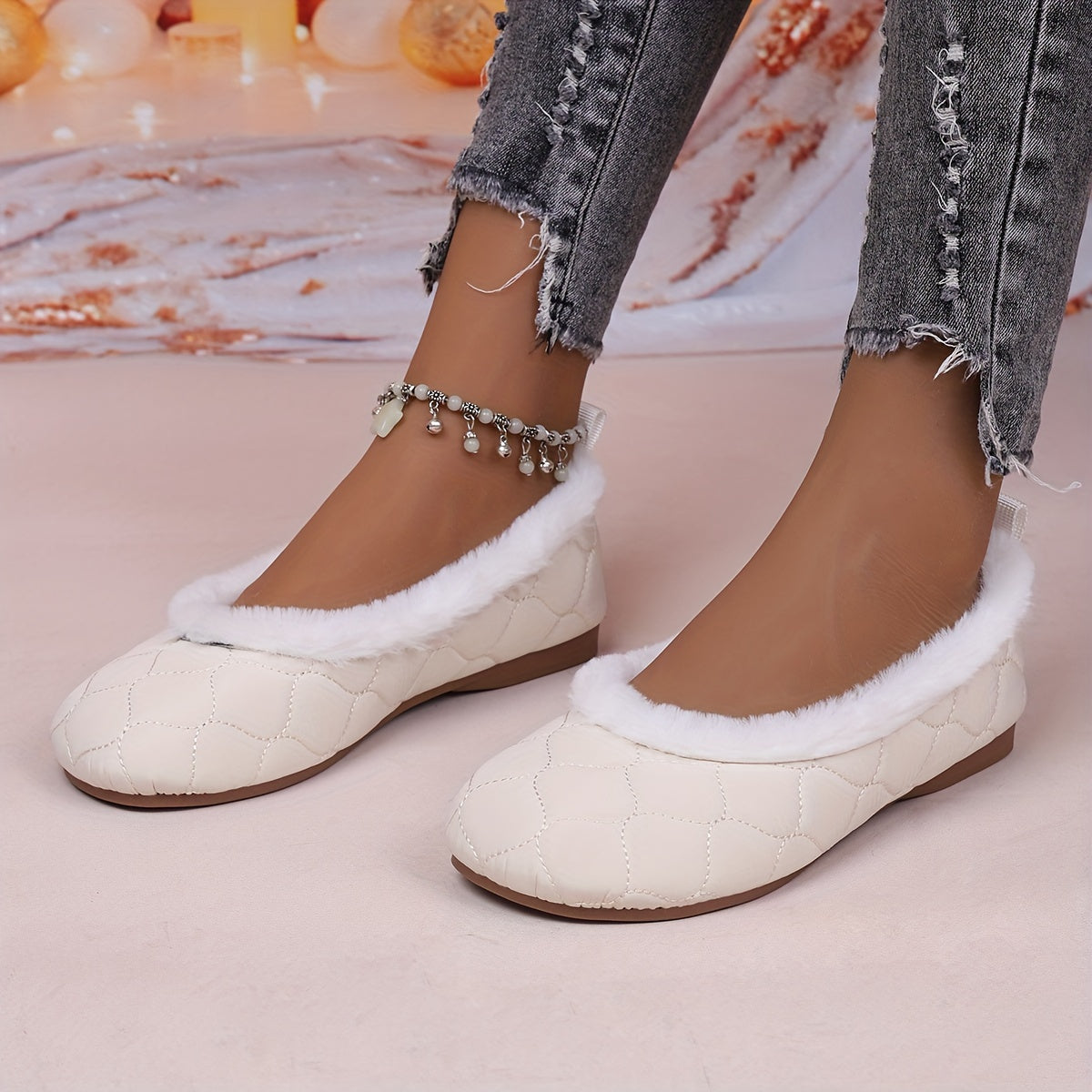Plus-Size Women's Faux Fur Lined Mary Jane Flats Brown Beige White Winter Indoor Shoes