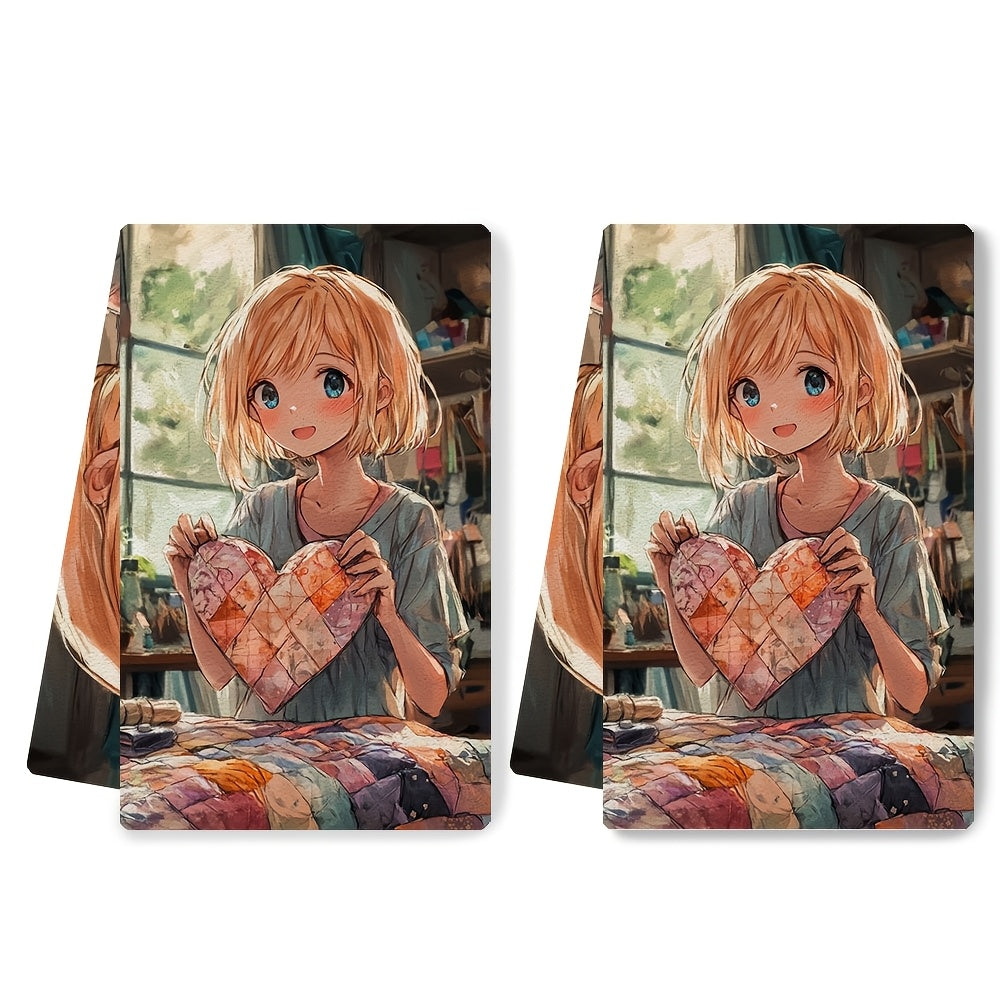 Set of 2 Anime Girl Kitchen Towels 16x24 Inches Ultra Soft Absorbent