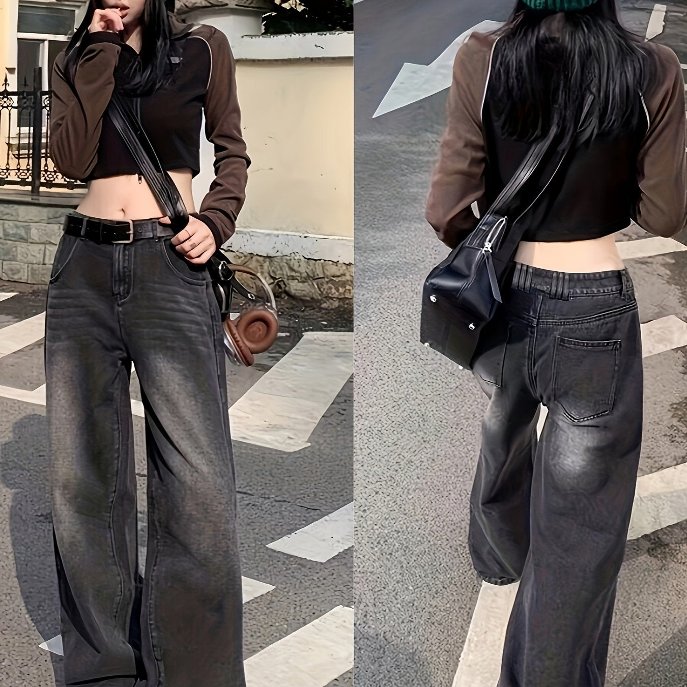 Ayollar uchun katta o'lchamli vintage yuqori bel keng bo'yinli keng yengli jinsilar, kundalik, buzilgan denim