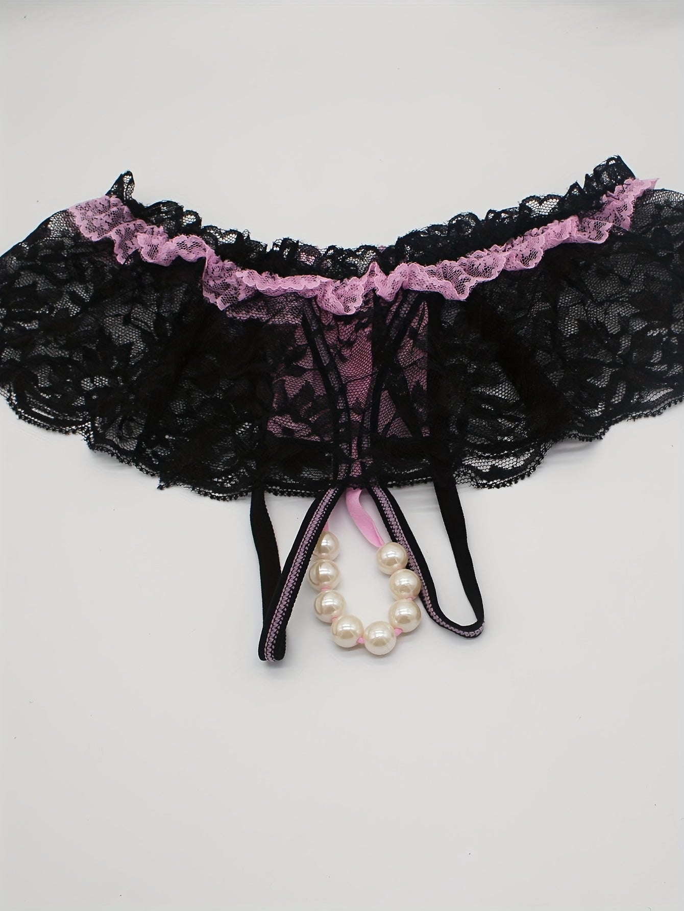 Women's Floral Lace Mesh Thongs and Open Crotch Faux Pearl Panties Lingerie