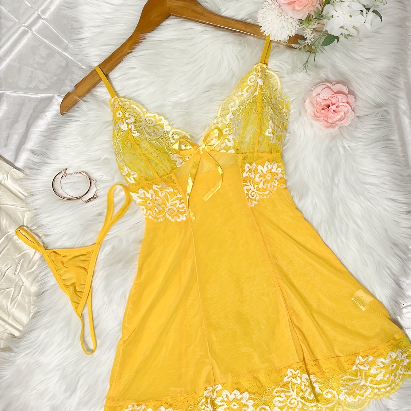 Women's Lace Lingerie Set with Thong and Adjustable Straps