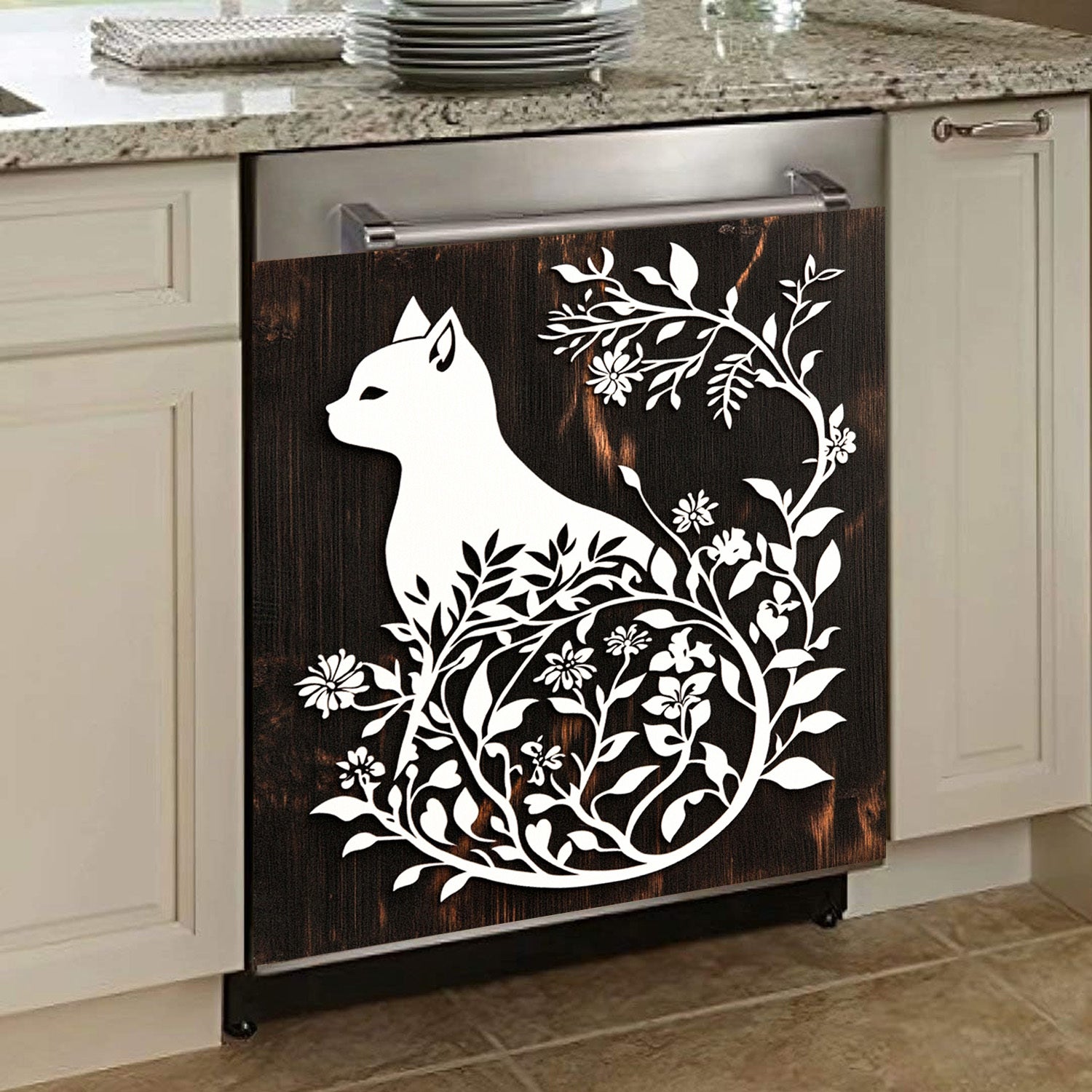 Silhouette Floral Cat Dishwasher Magnet Cover Waterproof Heat-Resistant Black Wood Design