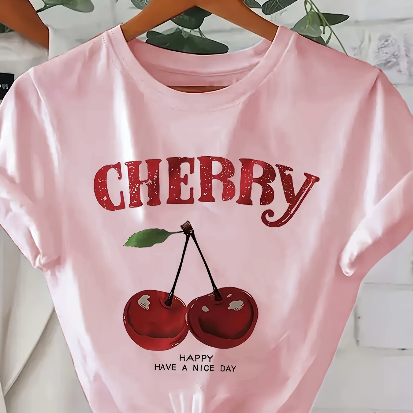 Plus Size Women's Cotton Short Sleeve T-Shirt with Cherry Print and Bold Red Lettering