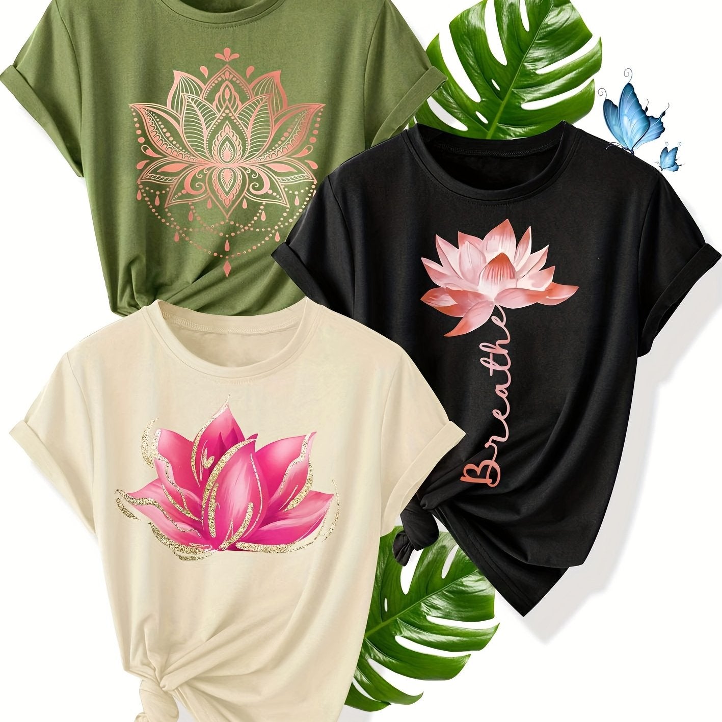 Conjunto de camisetas con estampado floral para mujer, pack de 3, poliéster transpirable, verano casual