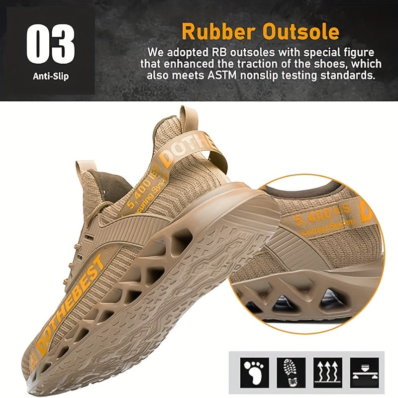 Women'S Plus Size Safety Sneakers Breathable Knit Beige Steel Toe Anti-Puncture