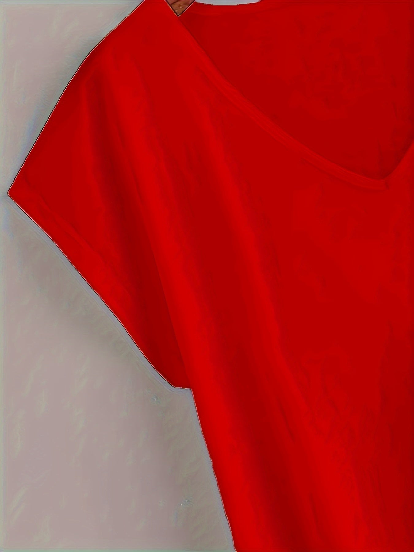 Plus Size V-Neck Batwing Sleeve T-Shirt for Women Polyester Solid Color All Season