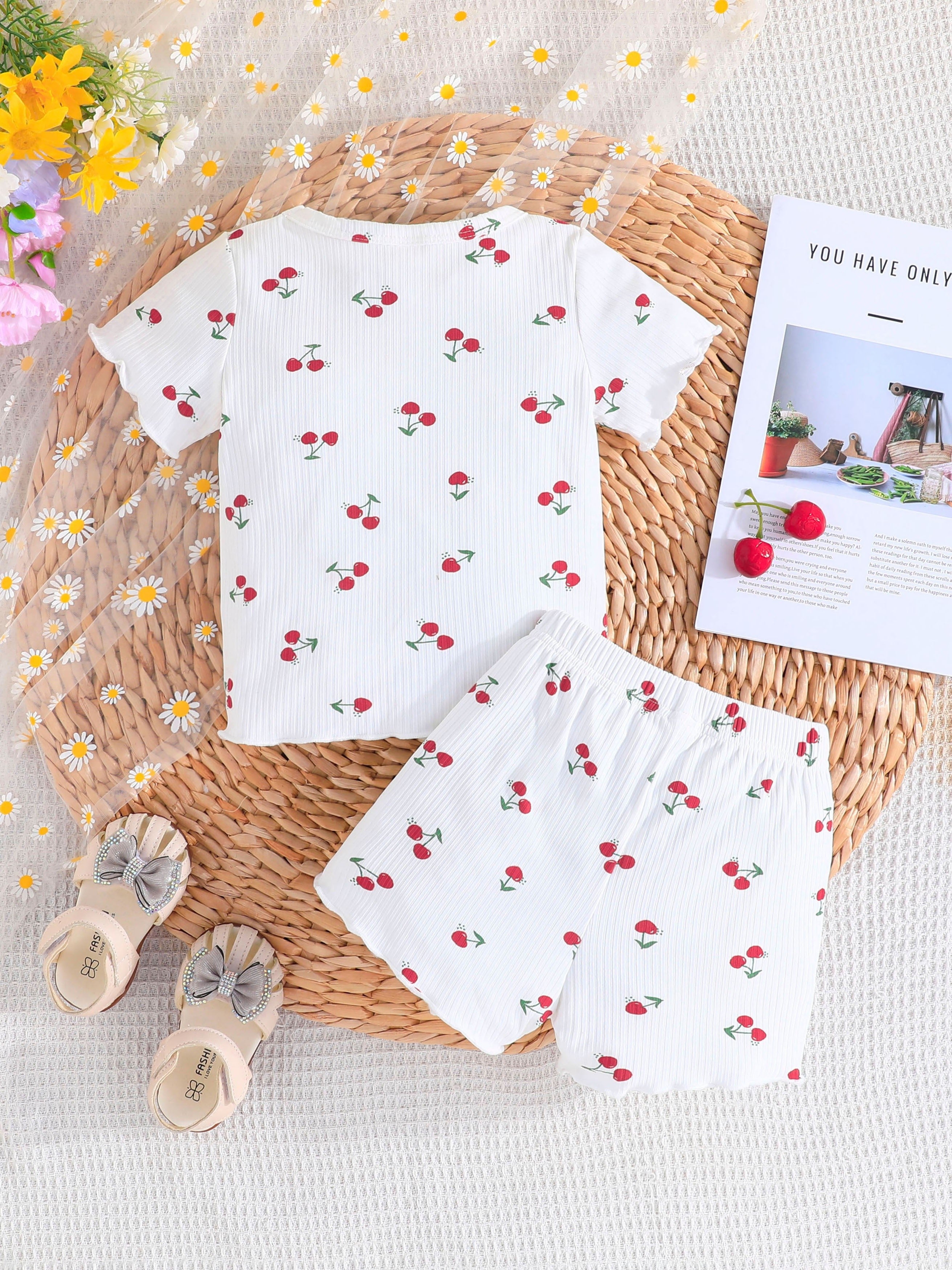Girls Summer Set with Cherry Print T-Shirts and Shorts Lightweight and Machine Washable