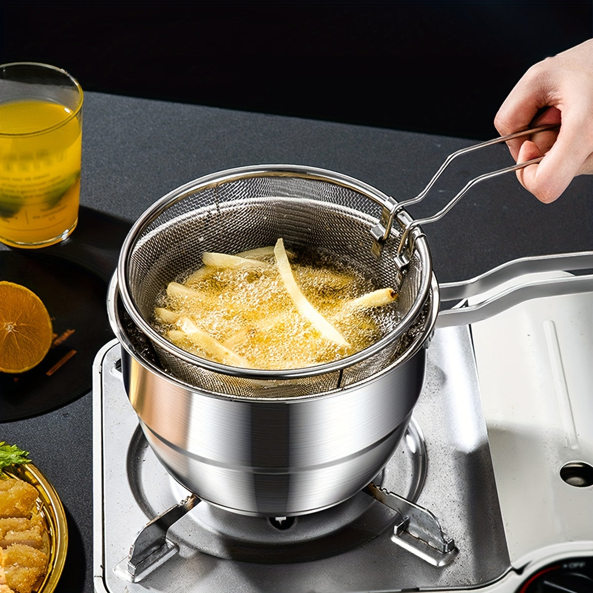 Set of 4 Stainless Steel Deep Frying Pans with Strainer Insert Cookware Set for Home Kitchen