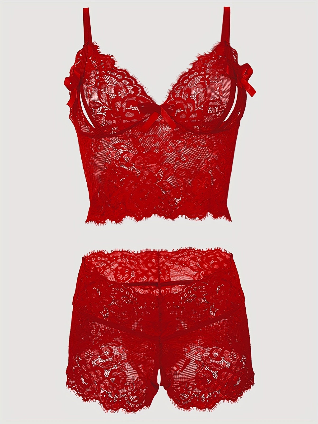 Lingerie Set with Lace Bow Tie Bra and Open-Crotch Shorts for Women
