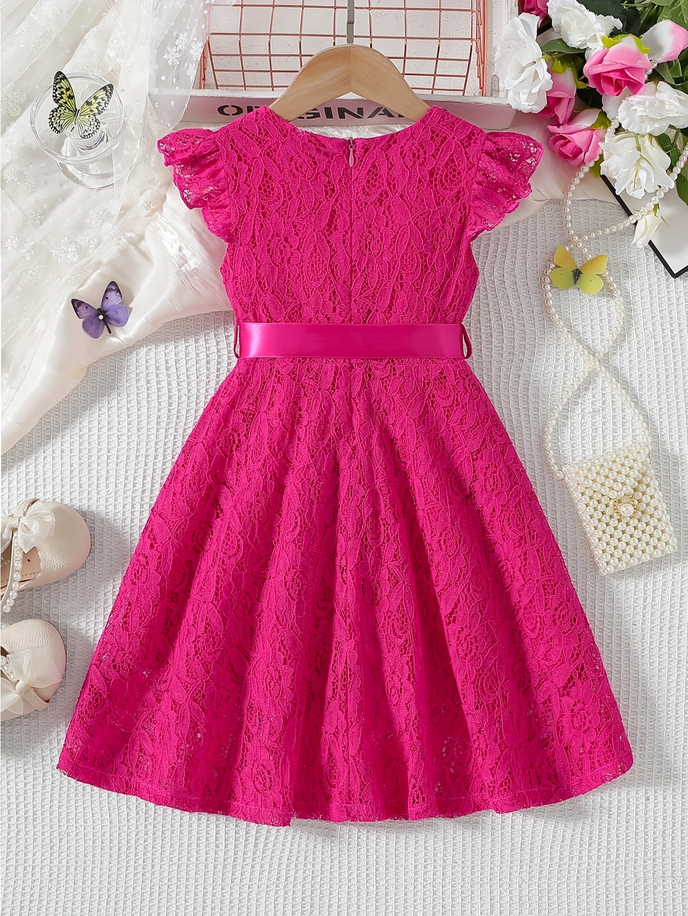 Girls' Summer Dress with Lace Detail Belt Flutter Sleeves Knee Length Fit and Flare Solid Polyester
