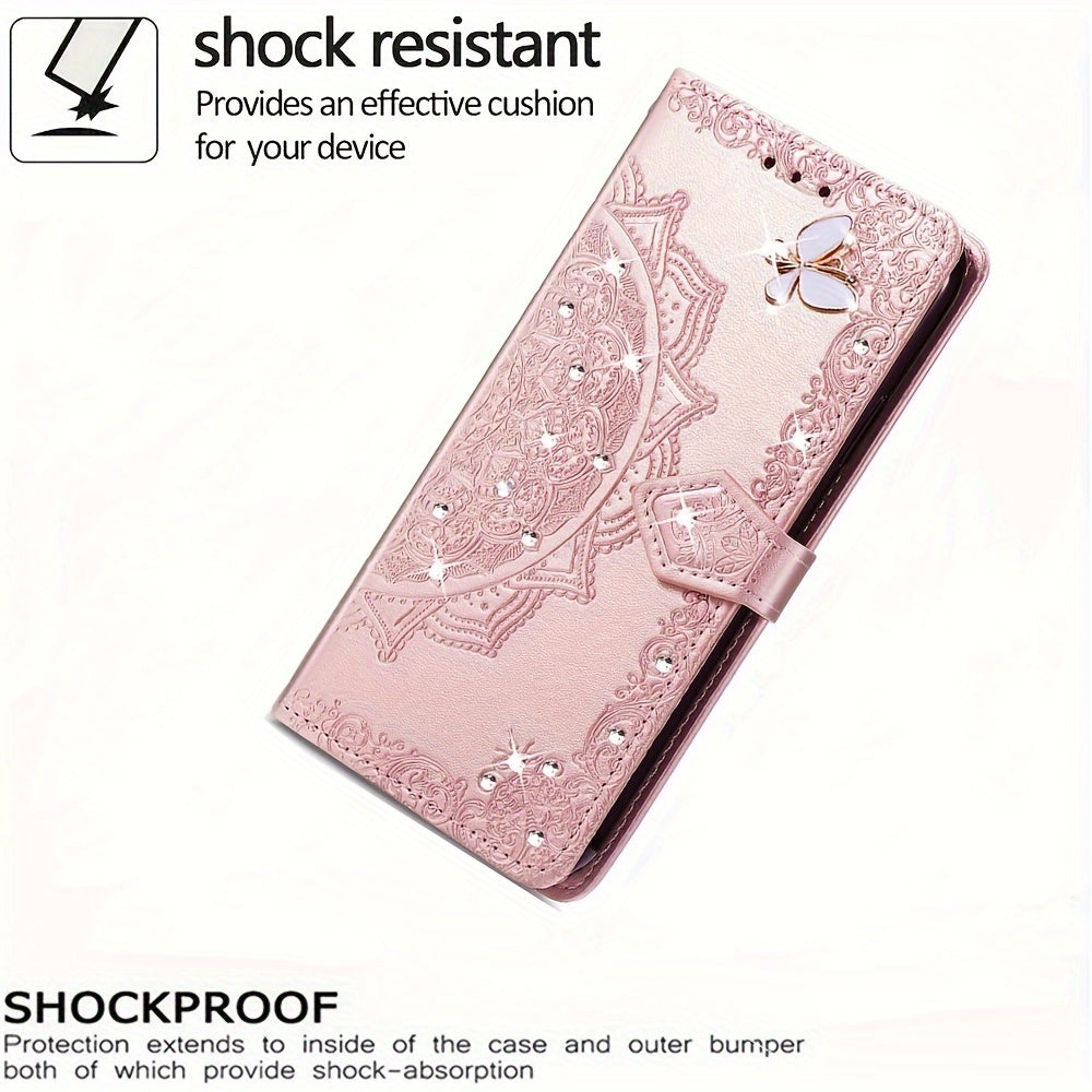 Embossed Mandala Faux Leather Phone Case with Crystals and Butterflies for Redmi