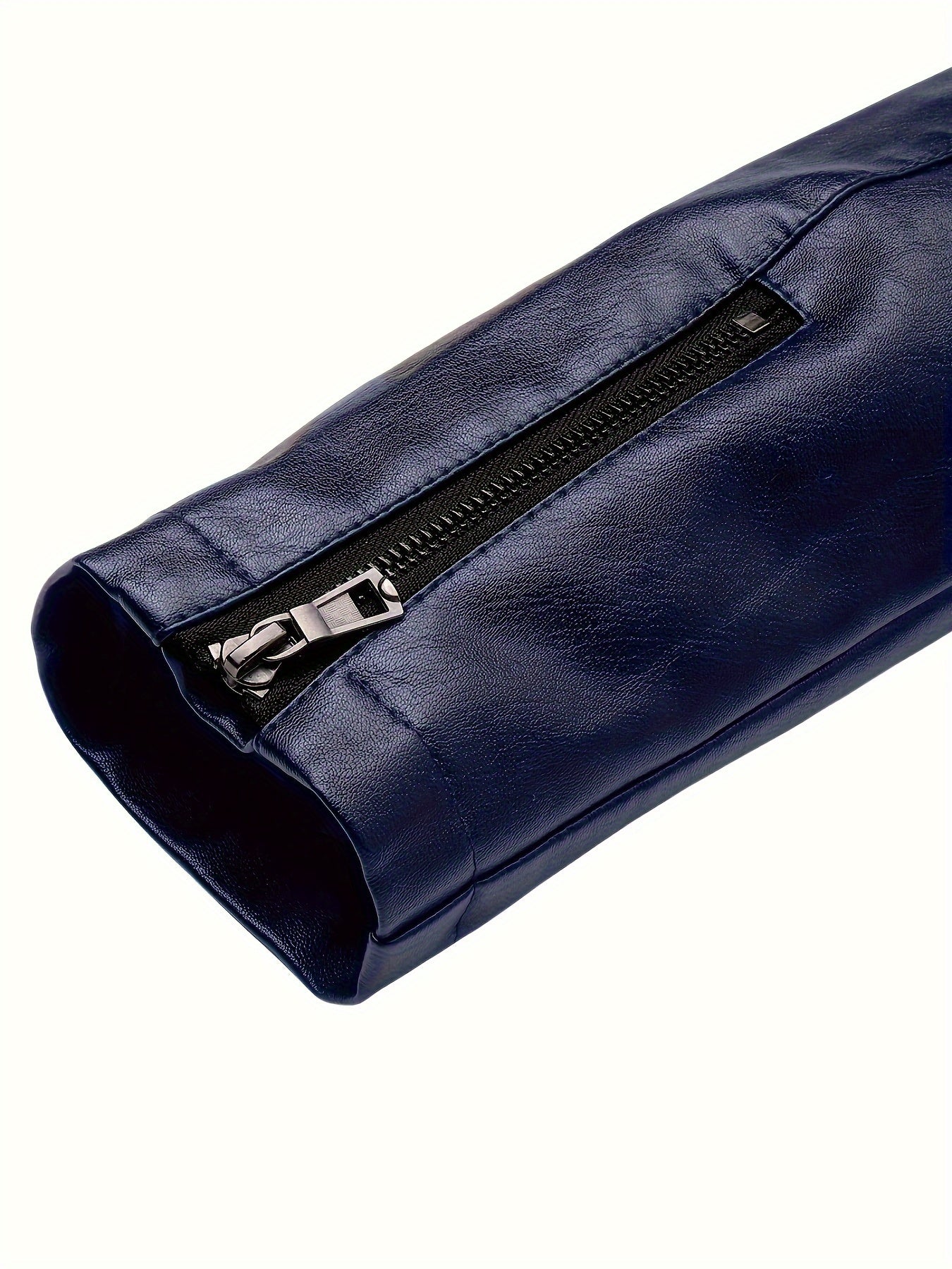 Erkaklar uchun tasodifiy PU charm kurtka, turli xil yenglar va fermuarli plakat bilan, oddiy moslashuv va uzun yenglar, cho'zilmaydigan to'qilgan moto uslubidagi tashqi kiyim.