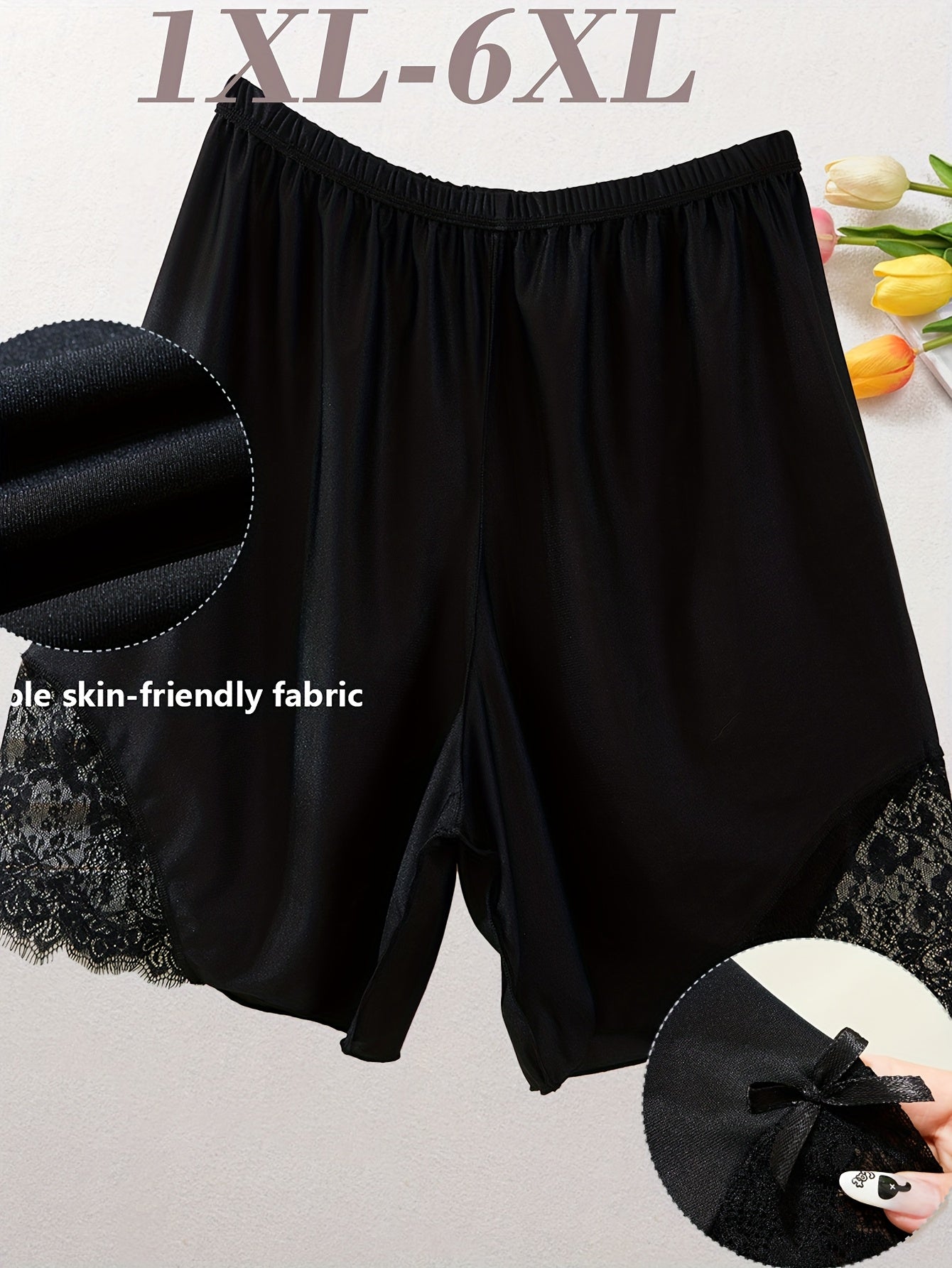 Plus Size High-Waisted Lounge Pants Tummy Control Lace Trim Loose Fit