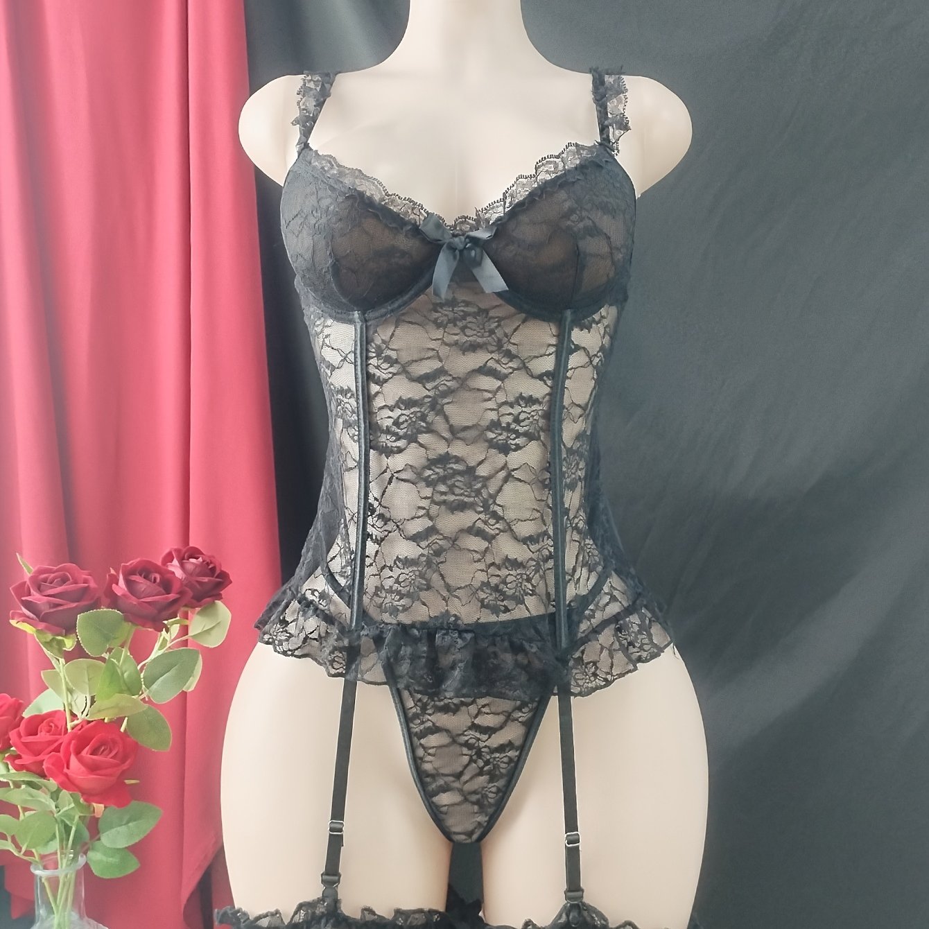 Women's Large Size Lace Suspender Pajama Set with Panties and Leg Ring