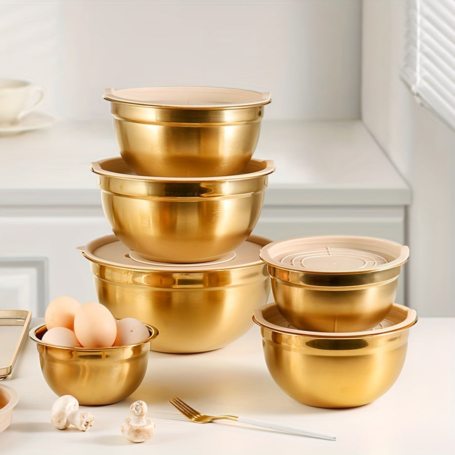 Stainless Steel Mixing Bowl Set with Lids, Gold, Various Sizes, Dishwasher Safe