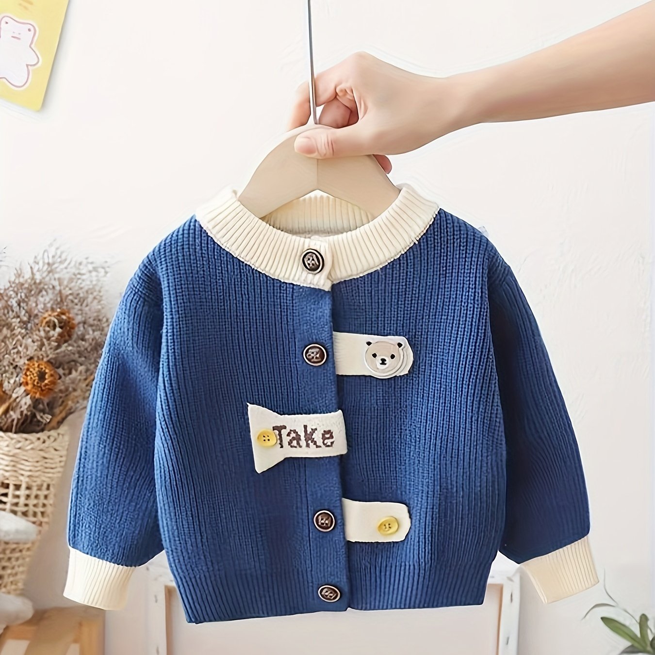 Boys' Mustard Yellow Knit Cardigan with Bear Patch Long Sleeve Fall Winter Kids' Sweater