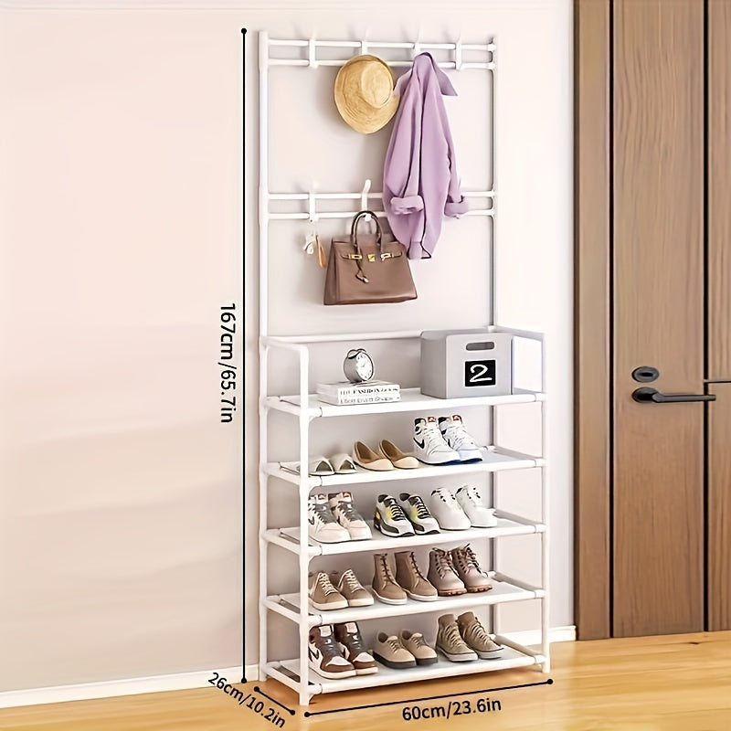 Black and White Shoe and Hat Rack with Dustproof Cover 8 Hooks for Entryway Living Room Bedroom