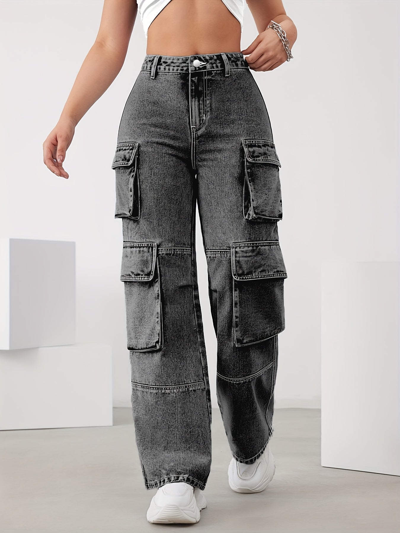 Plus Size Cargo Jeans Women High Waist Wide Leg Denim Spring Summer