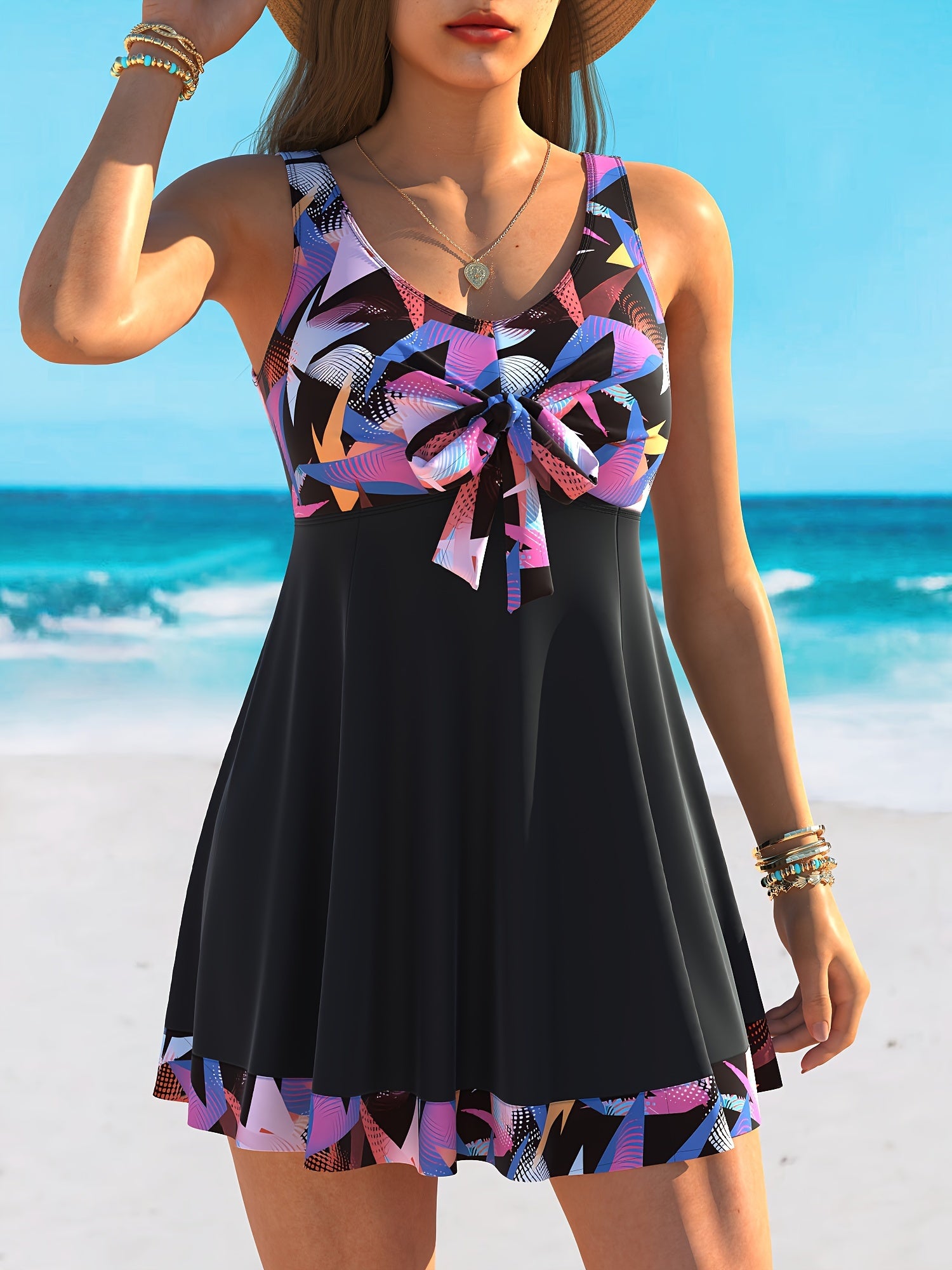 Women's Floral High Stretch Polyester Two-Piece Tankini Swimsuit