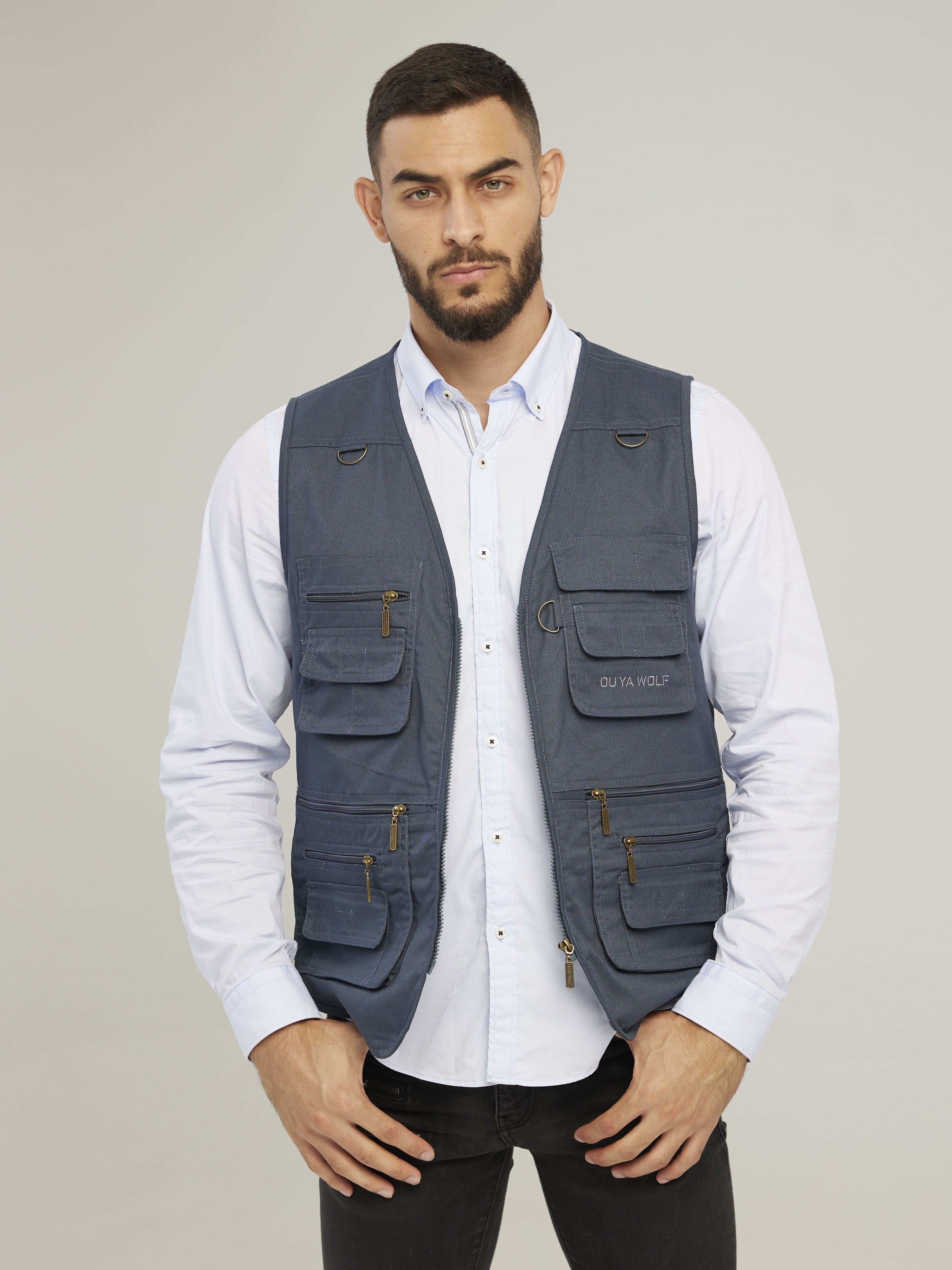 Men's Cotton Polyester Cargo Vest with Multiple Pockets for Outdoor Activities
