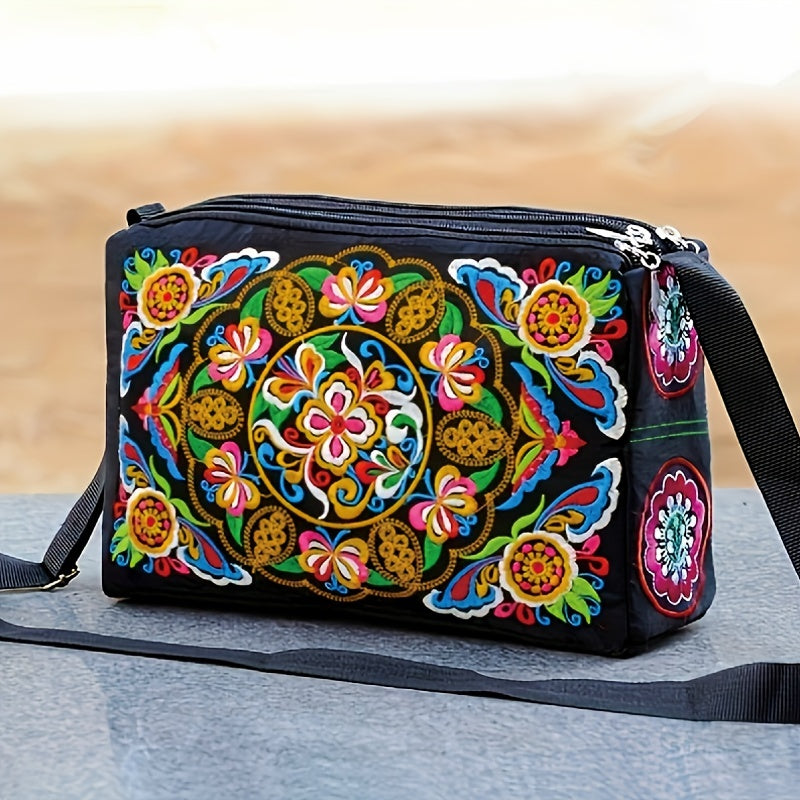 Women's Floral Embroidered Canvas Crossbody Bag with Adjustable Strap in Multiple Colors