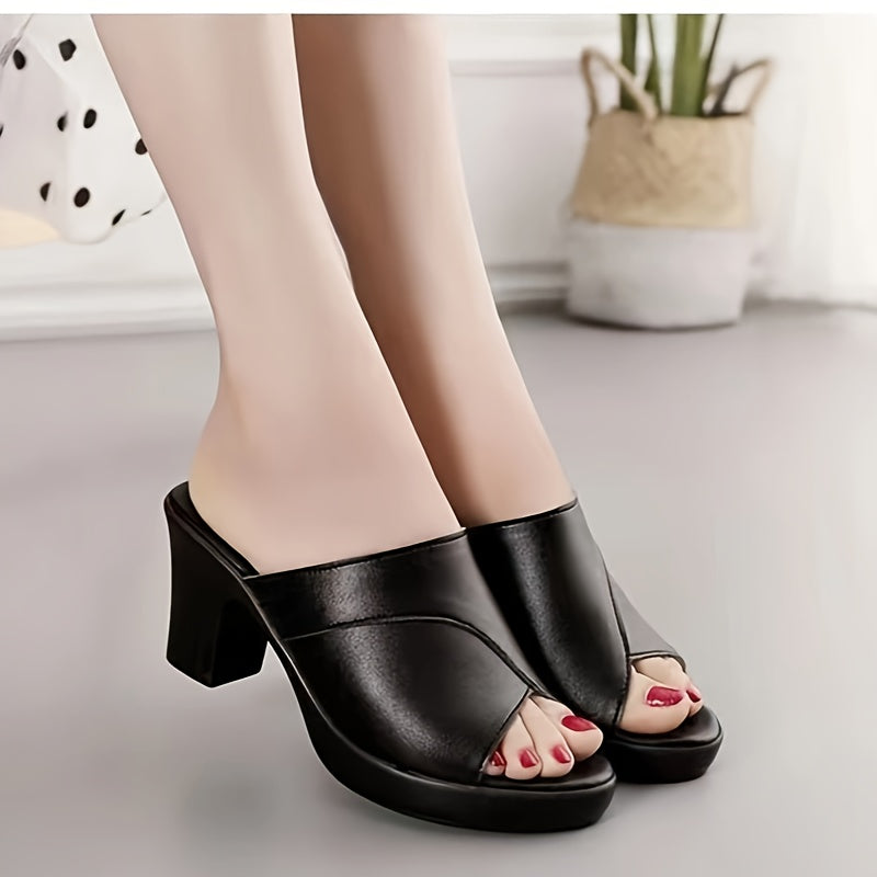 Ayollar uchun ochiq barmoqli, qalin o'rta poyabzal, qora PVC, osongina kiyiladigan, kundalik va rasmiy kiyim uchun