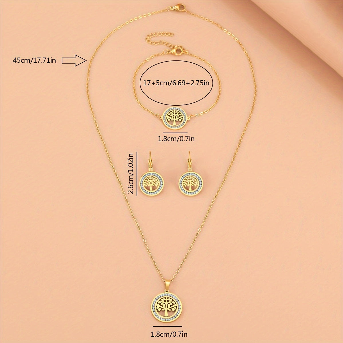 Bohemian Style 3-Piece Tree of Life Jewelry Set Copper Gold Plated Synthetic Zirconia for Parties Weddings