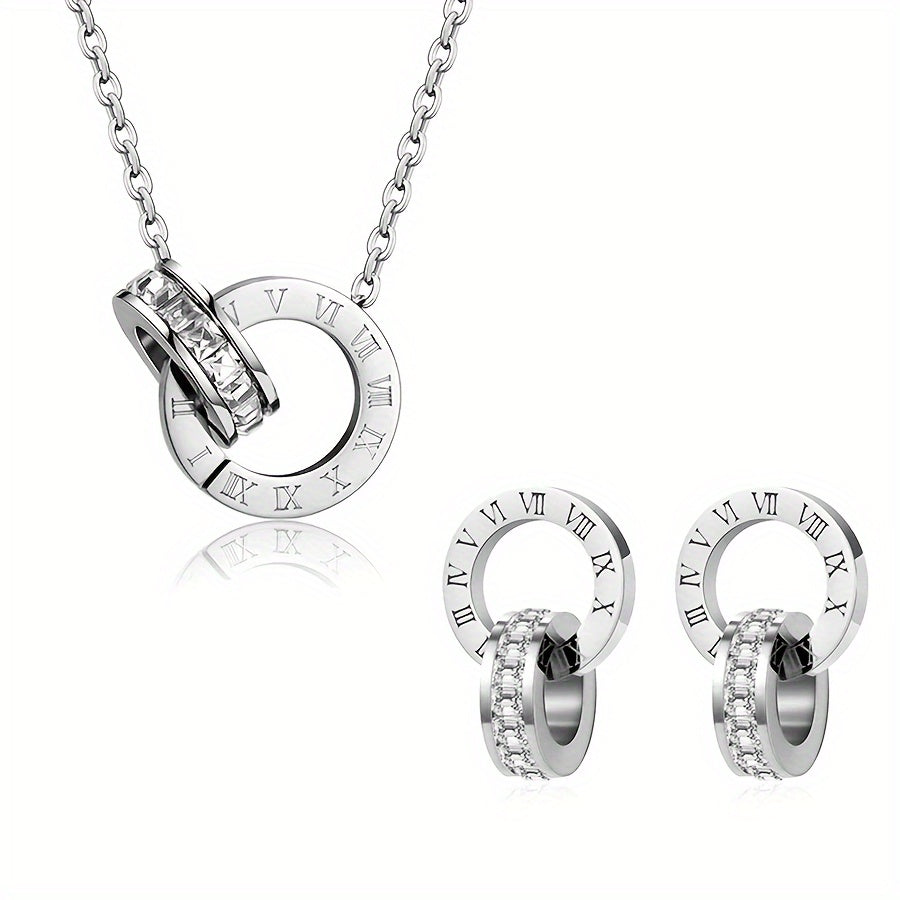 Roman Numeral Jewelry Set in 18K Gold Plated Tone Necklace and Earrings for Women