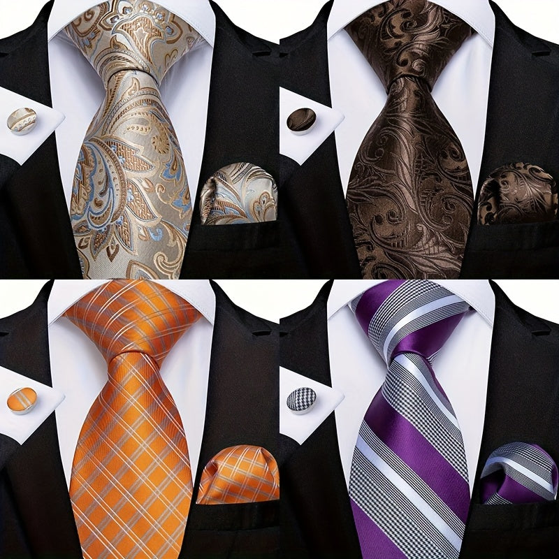 Men's Polyester Necktie Set with Woven Paisley Pattern and Matching Cufflinks for Business and Formal Wear