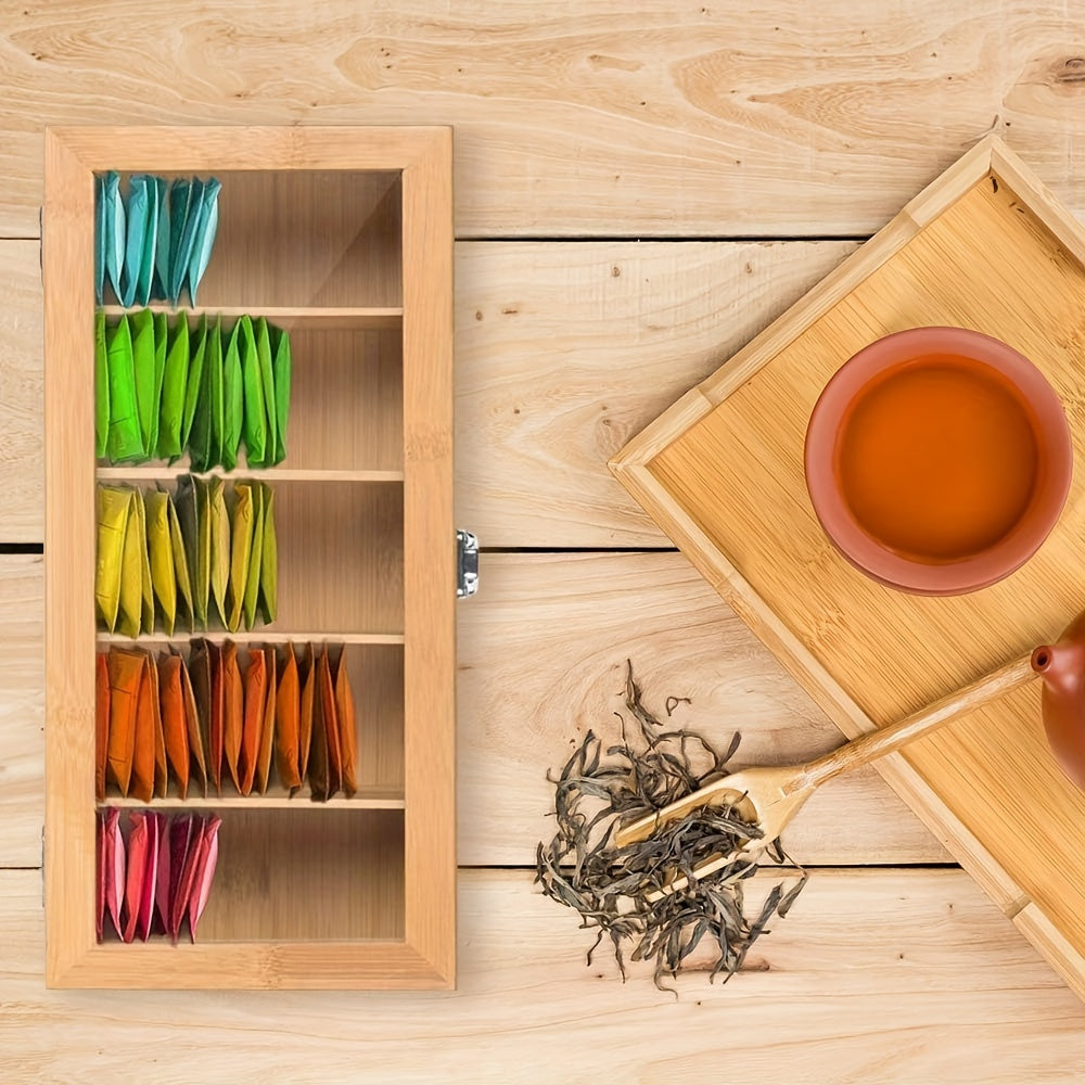Bamboo Tea Bag Organizer Storage Box with Clear Lid Coffee and Teabag Compartments