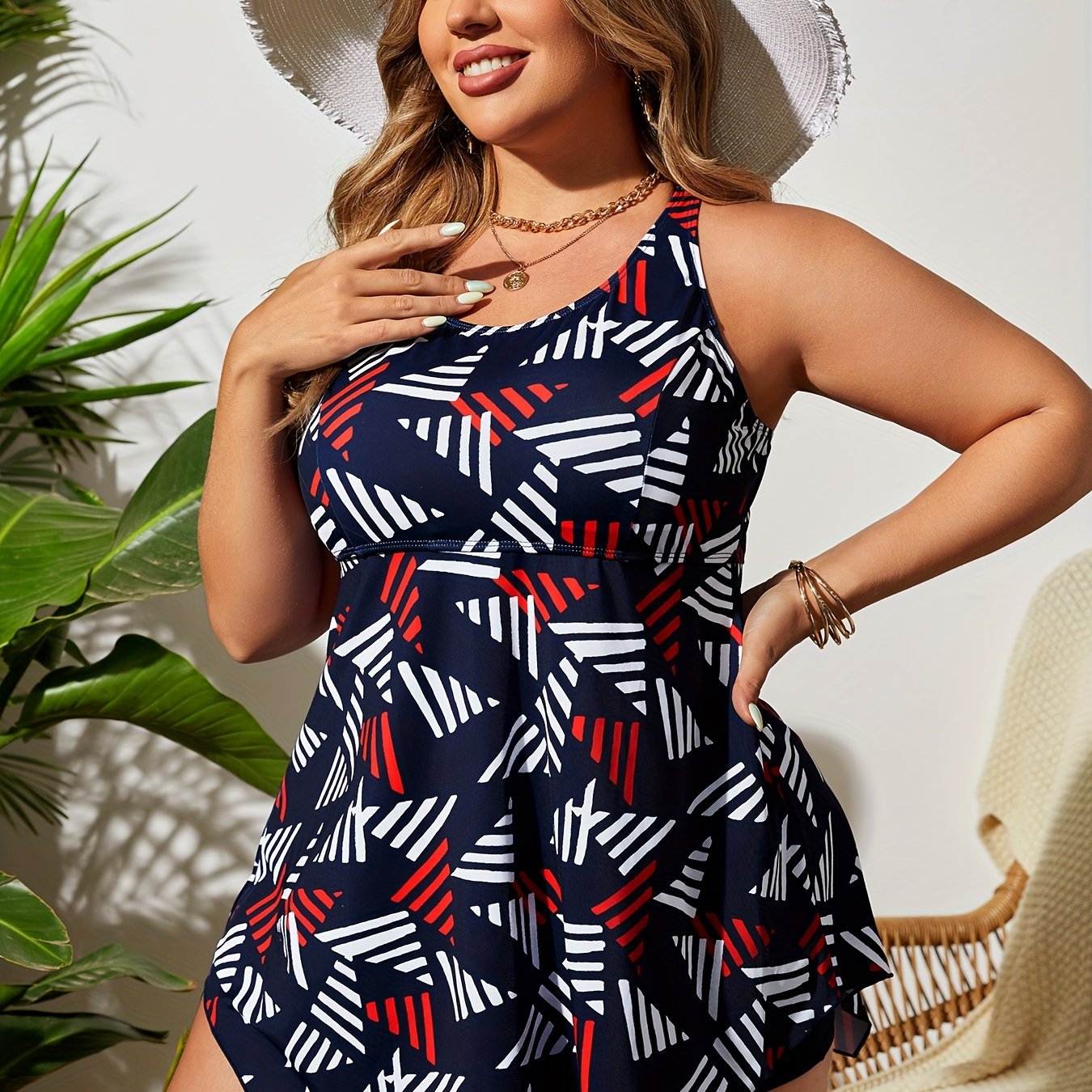 Plus Size Women's Tankini Swimsuit with Geometric Pattern and High Stretch Fabric