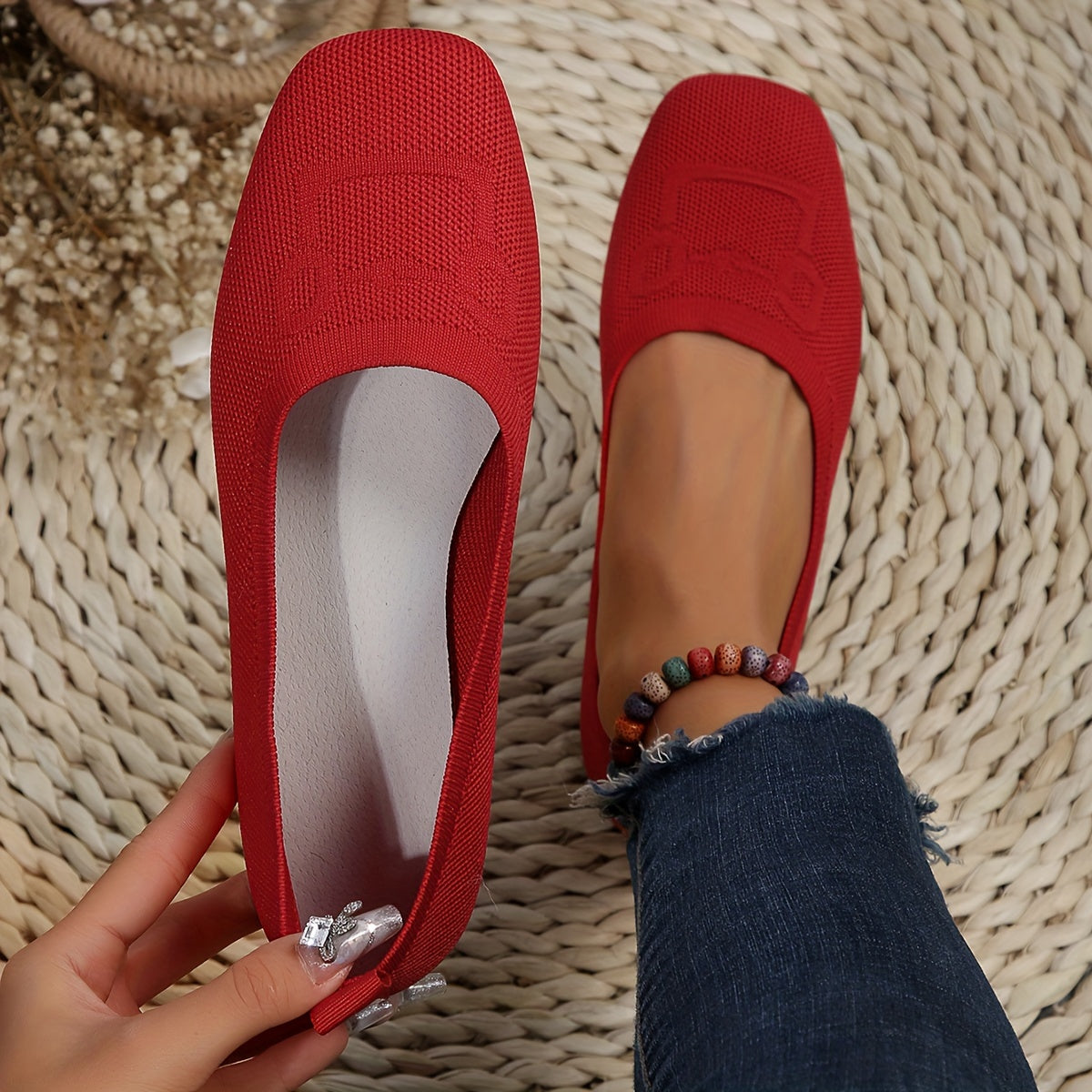 Women's Knitted Flat Shoes Breathable Slip-On Ballet Flats