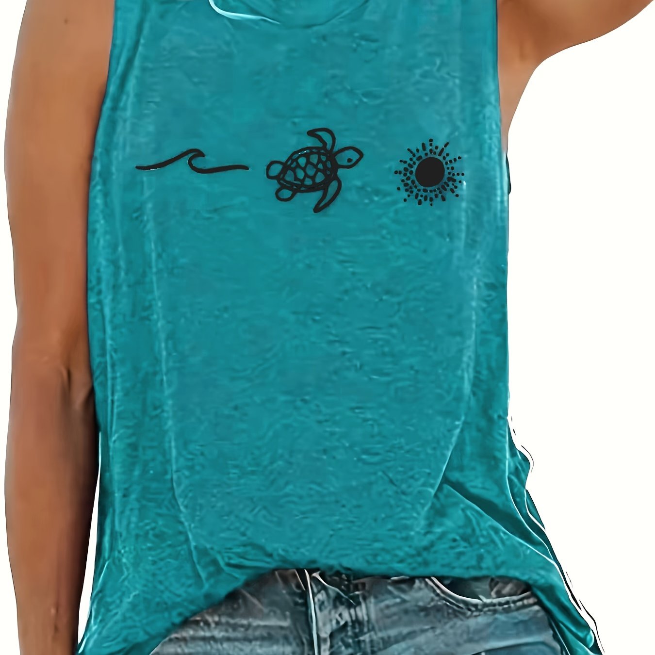 Plus Size Women's Cotton Turtle Neck Sun Print Tank Top