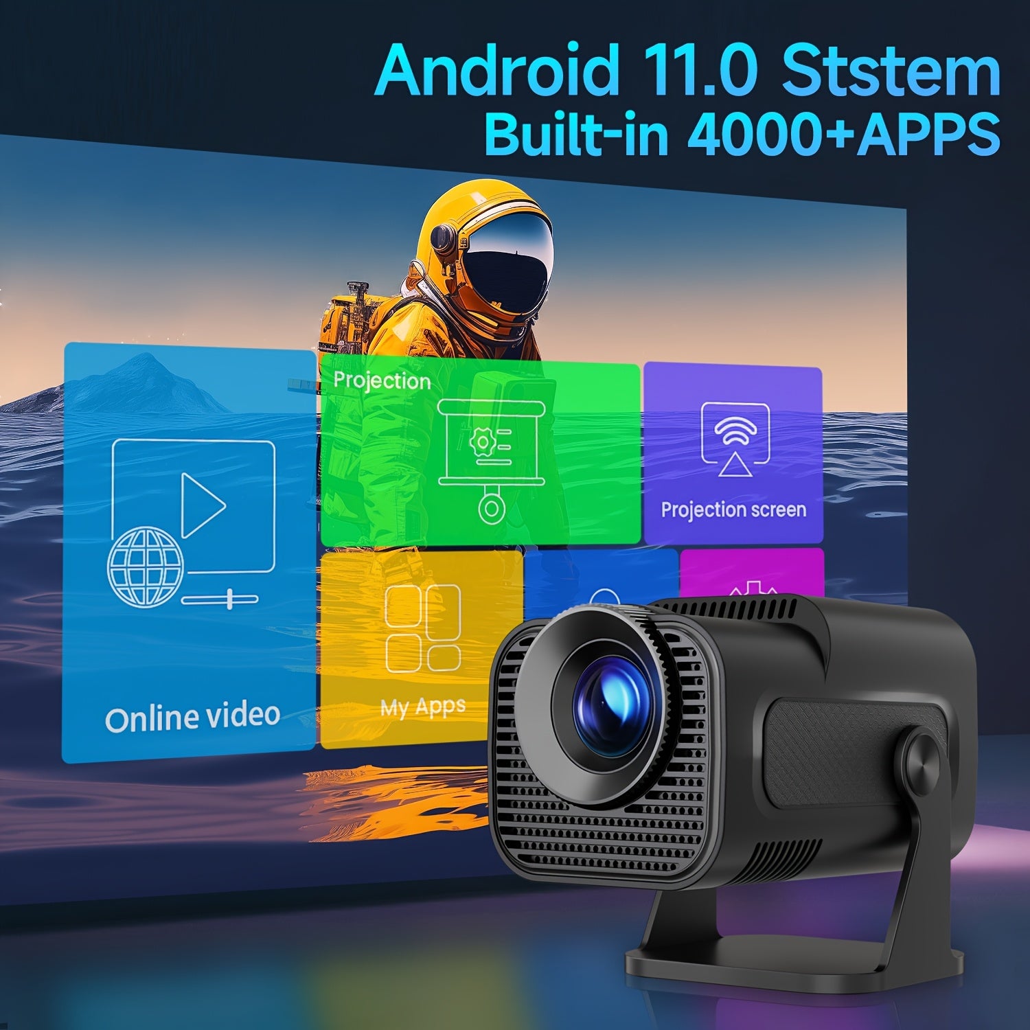 Мини-проектор для домашнего кинотеатра 720P Android 4K с WiFi6 и вращением на 180°