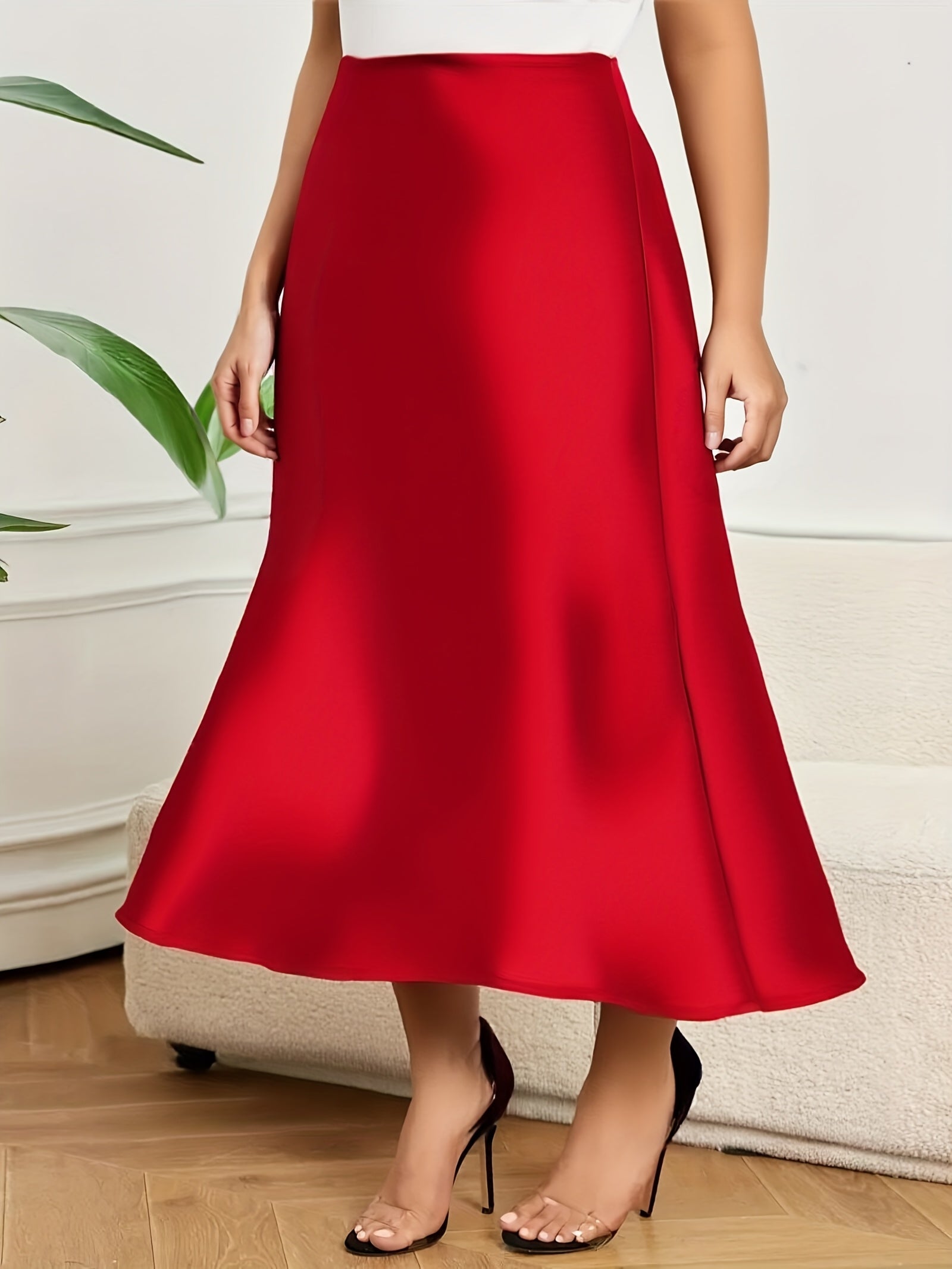Plus Size Women's Satin Mermaid Skirt Mid-Length Non-Stretch Solid Color