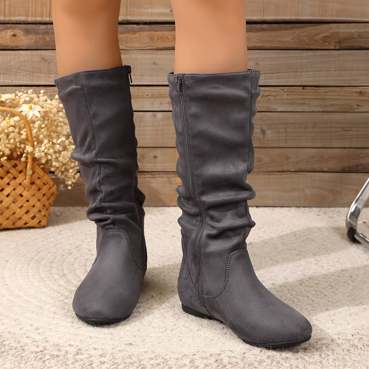 Women's Solid Color Mid-Calf Boots with Zipper Side Pull On Round Toe
