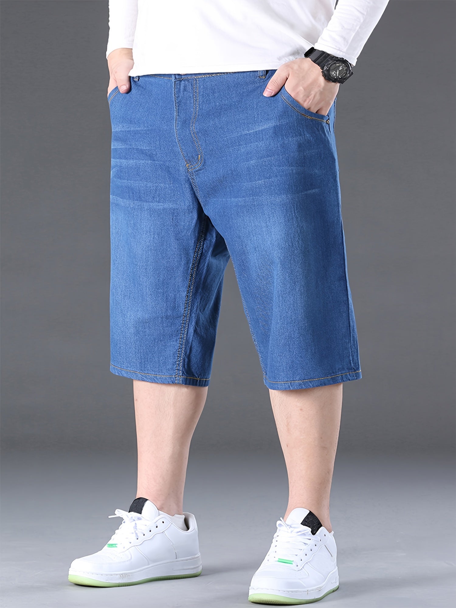 Plus Size Men's Denim Shorts Casual Blue Cotton Stretch Summer