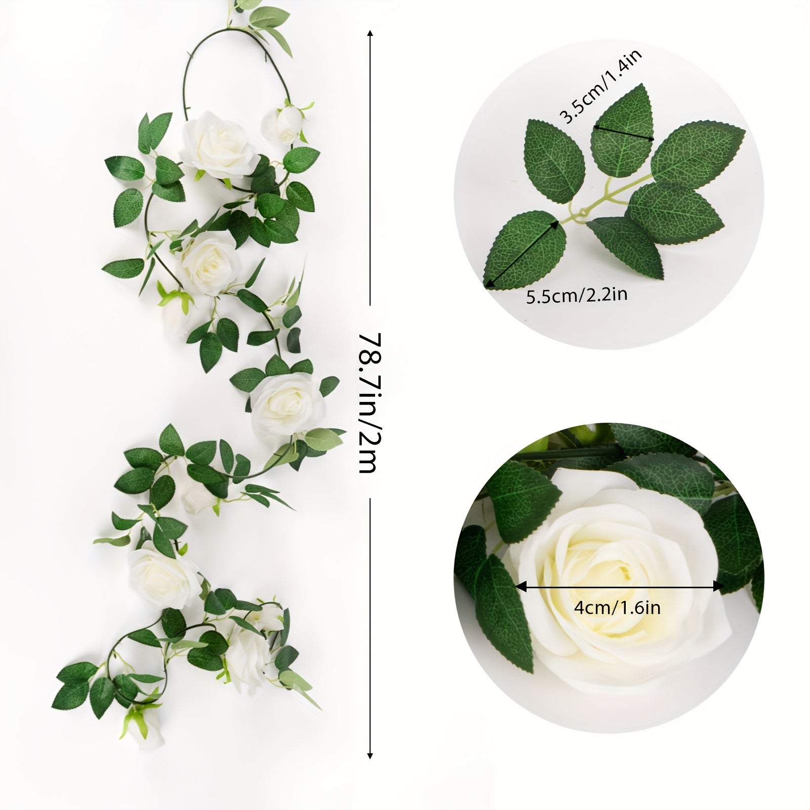 Guirnalda de rosas artificiales blancas de 6 metros para bodas, jardines y decoración navideña