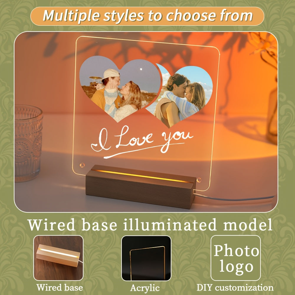 Customizable LED Light Acrylic Photo Frame with Transparent Love Heart Design for Gifts