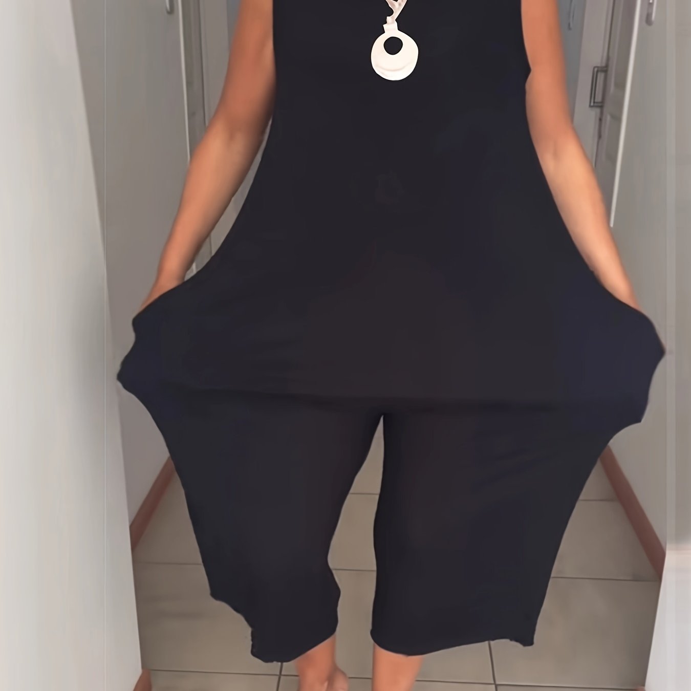 Pantalones de mujer con escote en V profundo sin mangas de cintura alta con bolsillos, talla grande, color sólido, primavera verano