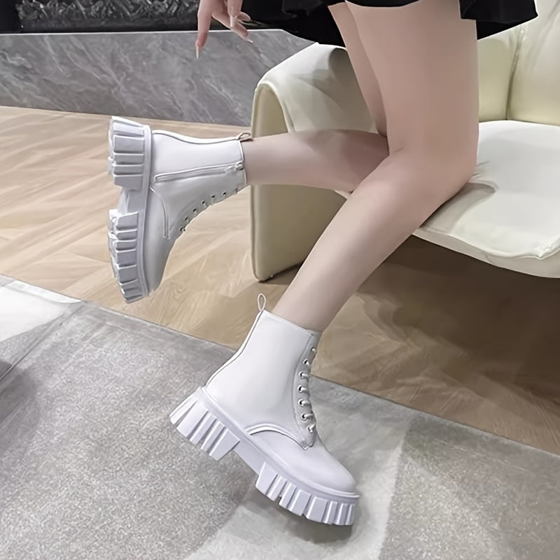 Women's Mid-Calf Combat Boots Lace-Up Platform Sole Black White