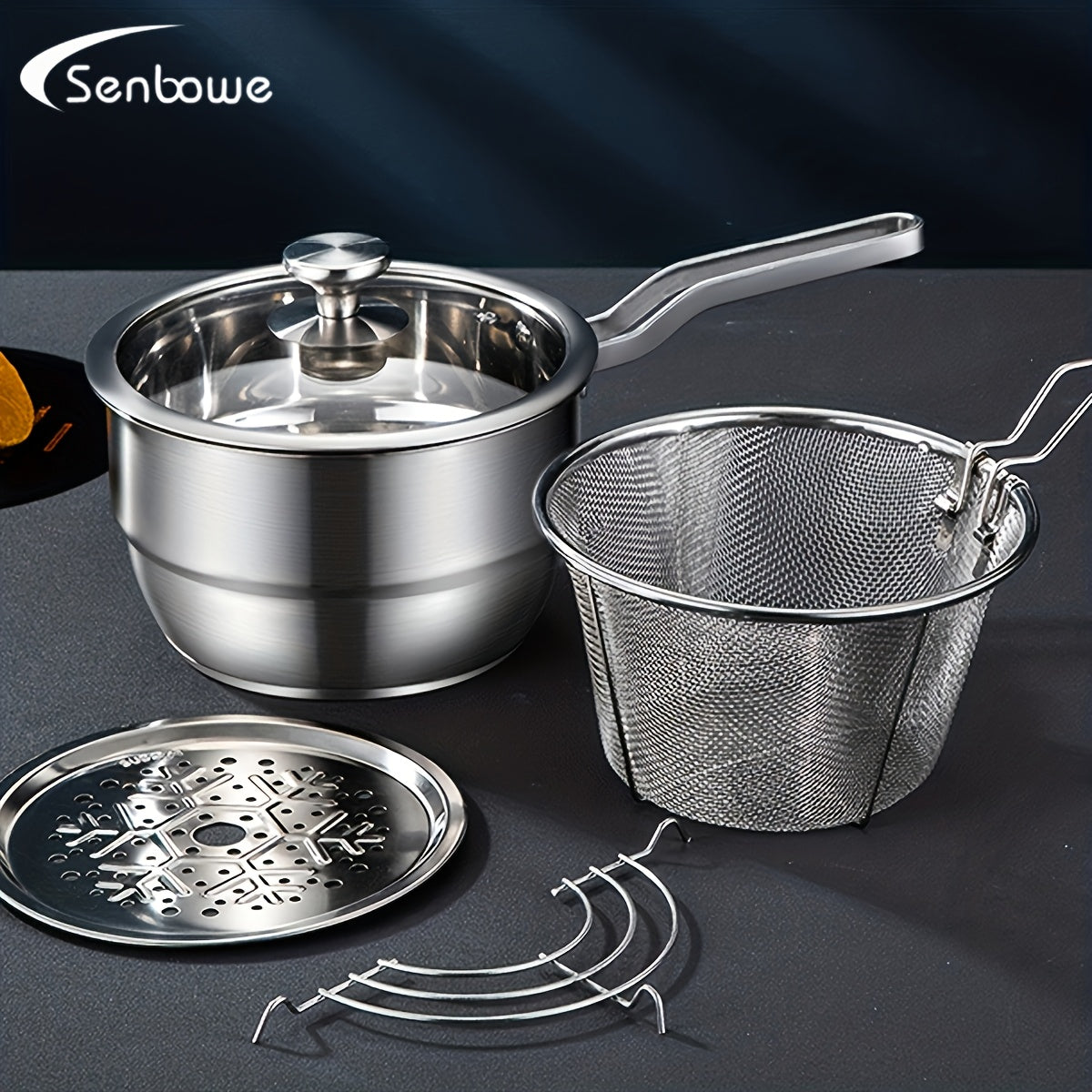 4 dona zanglamaydigan po'latdan yasalgan oshxona to'plami, chuqur qovurish panasi va filtr bilan, idishlar uchun stock qozon